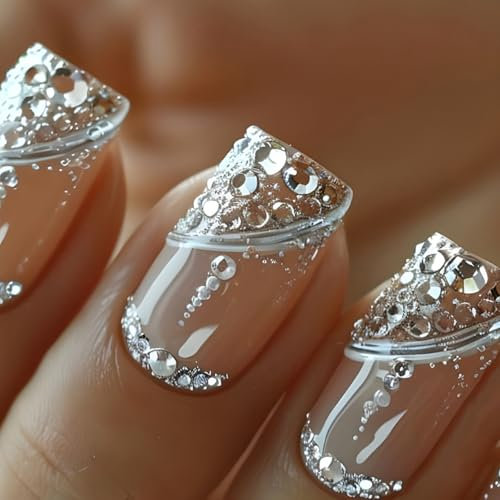 24 Stück Nägel Zum Aufkleben Kurz Eckig, Nude Pink French Press on Nails, Glitzer Strass Acryl Künstliche Fingernägel Zum Aufkleben, Ballerina Glänzend Falsche Nägel für Frauen Mädchen Nail Art
