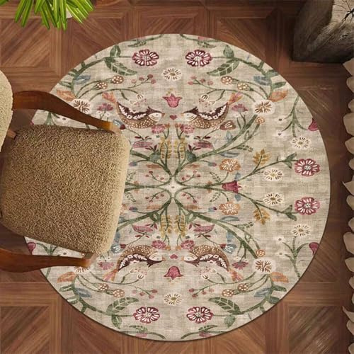 Teppich, Vintage, Beige mit Vögeln und Blumen, 111,8 cm, rund, Retro-Teppich für Schlafzimmer, Hotel und Wohnzimmer, niedriger Flor, Plüsch, schmutzabweisend, rutschfeste Bodenmatte, leicht zu