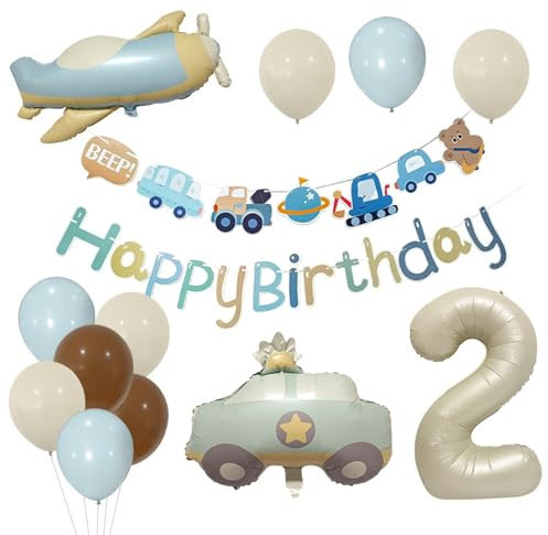 Tourima XXL Geburtstagsdeko 2 Jahre Junge Autos und Flugzeuge, Gilt für Geburtstag 2 Jahre Junge Kindergeburtstag Deko, Luftballon 2 Geburtstag Junge Happy Birthday Banner für Junge Party Dekoration
