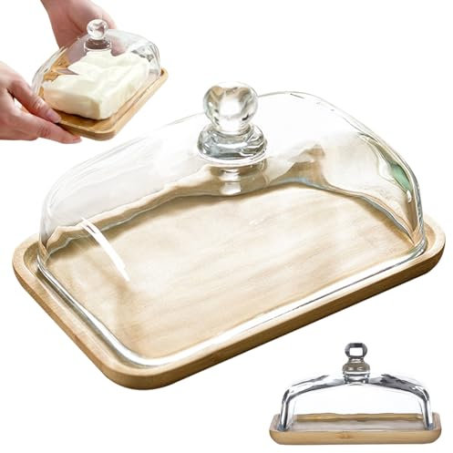 Burriera in vetro con coperchio, 17,8 x 10,2 cm, multifunzionale, quadrato, con coperchio e vassoio in bambù, per bancone del frigorifero