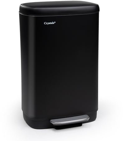 Crystals 30L Rectangular Slim Pedal Bin with Soft Close Lid – Compact Waste Bins for Bathroom, Kitchen, Toilet or Office – Hands-Free Rubbish Bin with Removable Inner Bucket, Modern Design (Black)