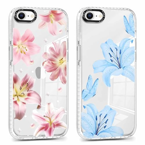 Yoedge 2 Pièces Coque pour iPhone 7/8/SE 2020/SE 2022 Fleur, Souple Transparente Silicone Étui avec Lys Rose Été Motif Cute pour Filles, Anti-Rayures Bumper Protection Housse Case pour iPhone SE 4,7
