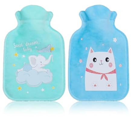 2 Pcs Small Cute Travel Hot Water Bottle with Cover Set,Mini Bottles,300ml Bag for Pain,Menstrual Office Comfort Use Compress,Release,Relief,Warm Hands,Neck,Shoulder,for Women,Kids Gifts(Blue,Green)