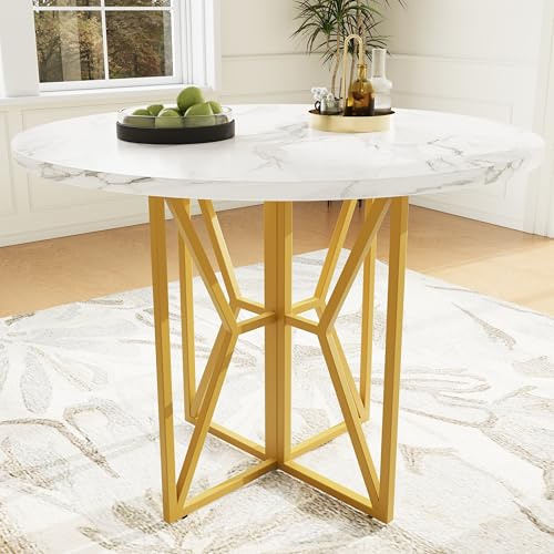 Merax Esstisch Rund 80x80cm, Weiß marmor Esstisch für 2-4 Personen, Metallrahmen, verstellbare goldene Tischbeine, Industrie-Design, geeignet für Restaurant,Wohnzimmer,Küche,Esszimmer