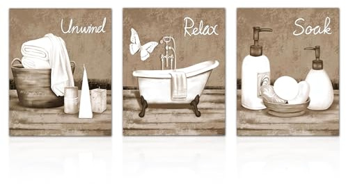 Dazzlewall Set de 3 Piezas Decoración Baño Vintage, Lienzo de Bañera y Elementos Spa Beige y Blanco para Baño Inodoro 20×25 cm Sin Marco