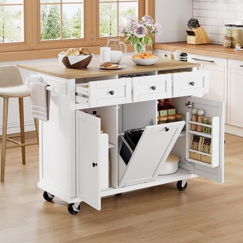 Zepneiy ilot Central Cuisine avec Compartiment Poubelle et tiroirs, Table à Manger Extensible pour Cuisine et Salle à Manger, Chariot à roulettes Mobile(112×46.2~76.2×92.7cm, Blanc+Naturel)