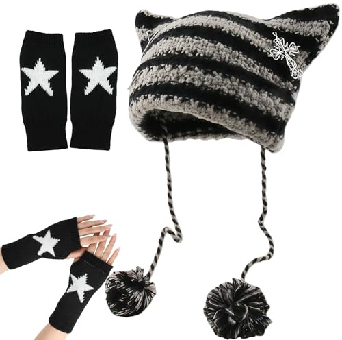 AYNKH 2PCS Grunge Kleidung Set, Häkelmütze mit Katzenohren und Fingerlose Handschuhe mit Stern, Goth Emo Beanie Mütze, Y2K Scene Accessoires für Damen, Herbst Winter Outfit für Party und Alltag