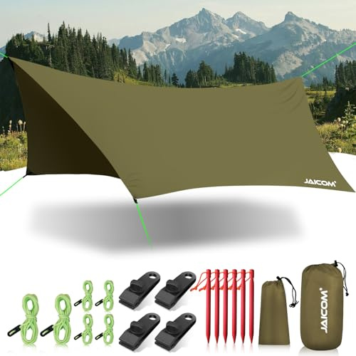 JAICOM Tarp Wasserdicht, 3.6x2.9m Ultraleicht Camping Zeltplane, Anti-UV | Sonnen Regen Schutz Schnee, Sonnensegel mit Öse, Nylonseile, Aluminiumstifte, Zelt Clips, für Hängematte Picknick Wandern