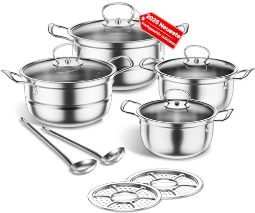 Topfset aus Edelstahl, 12-teilig Töpfe Set mit Dampfer und Löffel, Großes Kochgeschirr Induktion-Kochtopf-Set, Töpfe Set Geeignet für alle Herdarten, unbeschichtet (Silber)