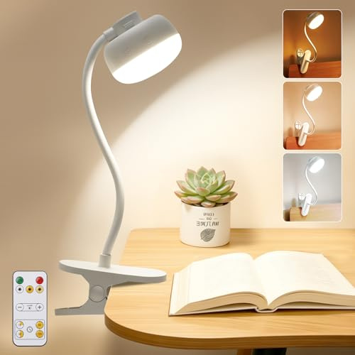 Aukimo Clip on Light with Remote, 3 Color Modes & 10 Brightness Levels Clip on Desk Lamp, 5000mAh Battery Powered Reading Lamp with Strong Clamp for Desk/Bunk Bed/Headboard, White