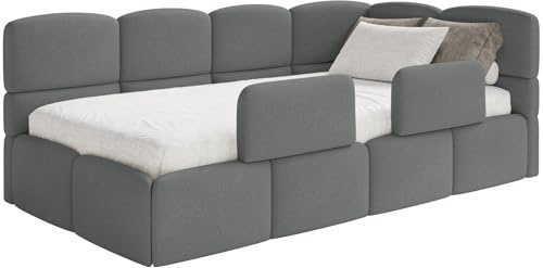 Selsey Jugendbett 120x200cm Dunkelgrau Chenille Stoff mit Stauraum und Lattenrost, Polsterbett mit Bettkasten, Kinderbett mit 2 Schutzbarrieren, Jugendbett rechtsseitig mit gepolstertem Eckkopfteil