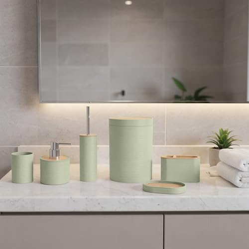 GC GAVENO CAVAILIA Bathroom Accessories Sets Complete - 15PC Rubbish Bin Lid Toilet Brush Holder Soap Lotion Dispenser Pump Container Toothbrush Tumbler Cup Dish Plate Base, Bathroom Decor, Sage Green