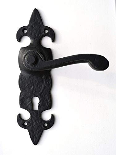 Black Antique Door Handles Lever Lock Ornate Fleur-De-Lys