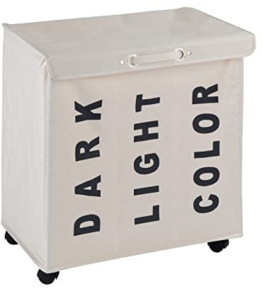 WENKO Wäschesammler Trivo Beige, Stabiler Wäschekorb mit Vier leichtgängigen Rollen und Deckel, 116 l Stauraum und DREI Fächer, (B x H x T): 56 x 60 x 35 cm, Aufschriften Dark, Light, Color