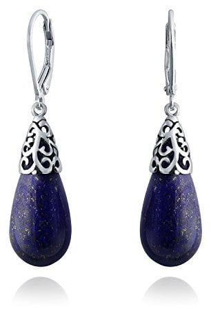 Western Stil Edelstein Blauer Lapislazuli Langgestreckte Tropfen Filigran Hebelrückseite Ohrringe Für Frauen .925 Sterling Silber