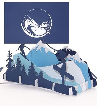 Pop Up Karte „Ski & Snowboard“ - 3D Geburtstagskarte, Einladungskarte & Geschenkgutschein – als Reisegutschein, Einladung, Geschenkverpackung und Gutschein zum Ski Urlaub & Snowboardfahren