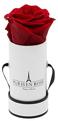 PARIS EN ROSE Rosenbox | mit einer bordeaux-roten Infinity Rosen Größe XL | konservierte ewige Rose | runde Weiß-Schwarze Box |3 Jahre haltbar | Grußkarte