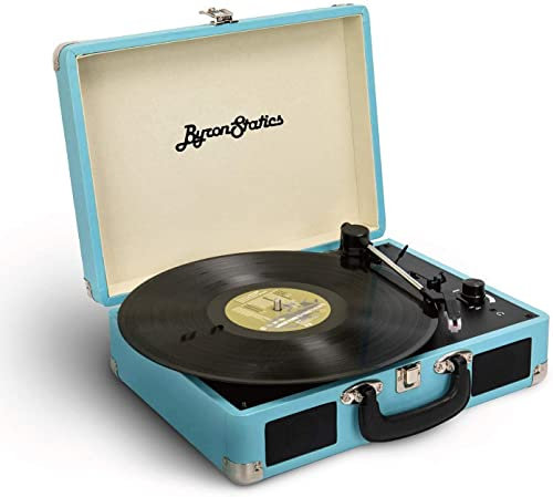 ByronStatics Tocadiscos Vinilo - Reproductor discos vinilo, 3 velocidades, 2 altavoces integrados, aguja repuesto, salida línea RCA, entrada AUX, conector auriculares, Maleta vintage (Turquesa)