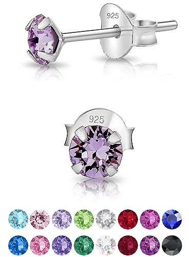DTPsilver - Winzige Ohrringe 925 Sterling Silber mit Kristallen von Swarovski® Elements Runde Sehr kleine Ohrstecker - Durchmesser 4 mm - Farbe : Violett