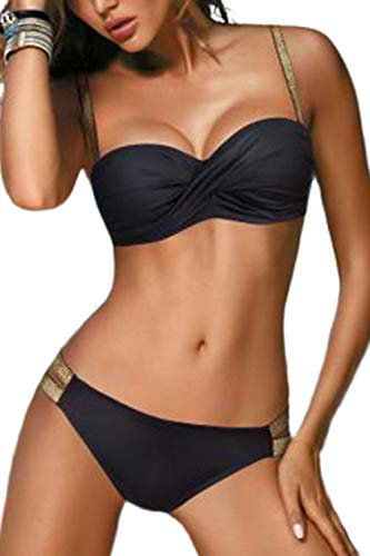 JFAN Donna Costume da Bagno con Cintura Dorata Push Up Imbottito Reggiseno Bikini Sexy Abiti da Spiaggia Moda, Nero - S