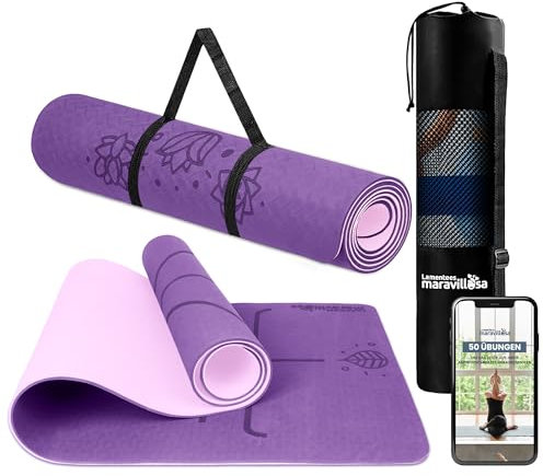 LA MENTE ES MARAVILLOSA - Gymnastikmatte, Rutschfest Yogamatte inkl. Tragegurt + Tasche + Übungs-E-Book, Gepolstert, Hautfreundliches TPE für Fitness/Pilates/Workout 183x61 cm (Blumen, Lila/Rosa)