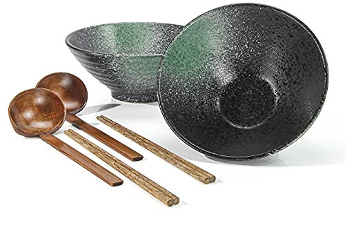 2 Set Tableware Ramen Bowl Ceramic - Porcelain Noodles Bowls Dinner Sets for Pasta Soup Pho Mixing Salad Dishes Snack Cereal Food with Spoons Chopsticks Kit 1000 Ml for New Home House Warming Gifts