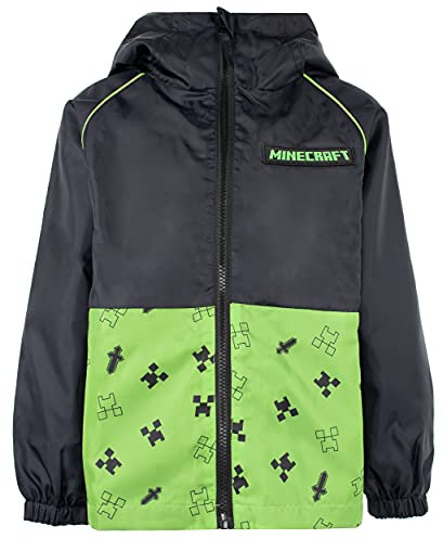 Minecraft - Veste de pluie pour garçons Veste de pluie pour l'extérieur 100% imperméable avec capuche - Imperméable pour enfants - Imperméable vert/noir pour garçons - Age 11-12 ans