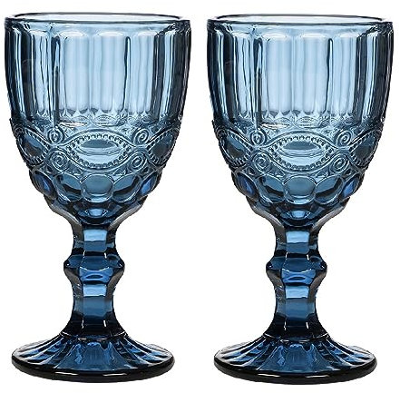 Dibor Glass Set of 2 Wine Goblet Glasses 300ml Blue Embossed Baroque Wine Glasses