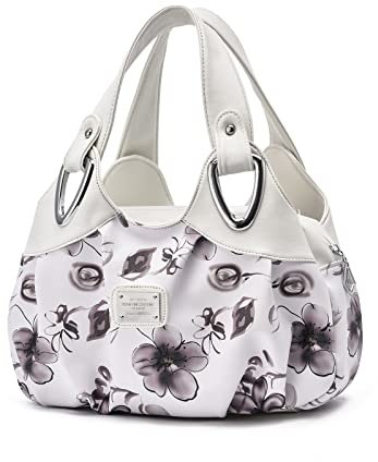 NICOLE & DORIS Sac à main tendance en PU avec bandoulière amovible pour femme, Anse Blanche/Fleur Grise, L, Exquis,Exquise