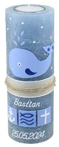 Christ-Kerzen Taufkerze Bastian Junge oder Mädchen mit Name und Datum, individuell und handverziert 1446, Variante:Glasteelichteinsatz