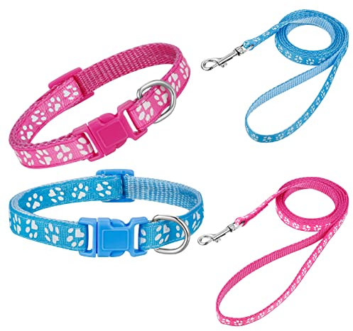 AKlamater 2 Pack Dog Set, Adjustable Nylon Collar & Lead, Quick Release, Small & Medium Dog Size, Paw Print Pattern