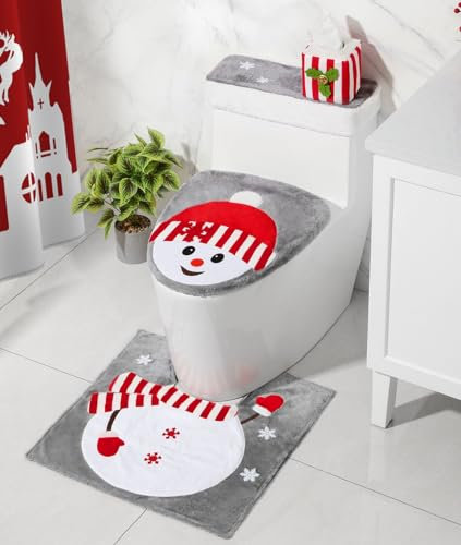 Luxspire Weihnachten Badematte Set, 4 Stück Badteppich Set Weihnachten Badezimmer Toilettensitzbezug Schneeman Toilettensitz Abdeckung Set mit U Form rutschfest Teppich für Weihnachtsdeko, Schneemann