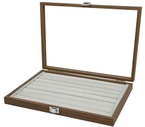 mixed24 Holz Ringlade Ringe Ringbox Ringkoffer Schmucklade Schmuckkoffer Schmuckbox Ringdisplay Aufbewahrungsbox Deckel mit Echtglas