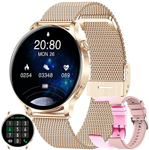 Montre Connectée Femme avec Appel Bluetooth 5,1/Numérotation, Smartwatch Compatible Samsung Huawei Xiaomi Android iOS avec Frequence Cardiaque Podomètre Montre Sport Etanche IP68 GPS Partagé (Or)