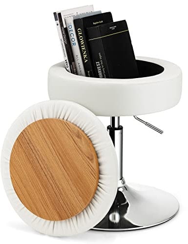 CASART 360° Swivel Storage Ottoman Vanity Stool, 51-66cm Height Adjustable Leather Makeup Stool with Removable Lid, Round Footstool Vanity Seat for Bedroom Living Room Dining Room (White)