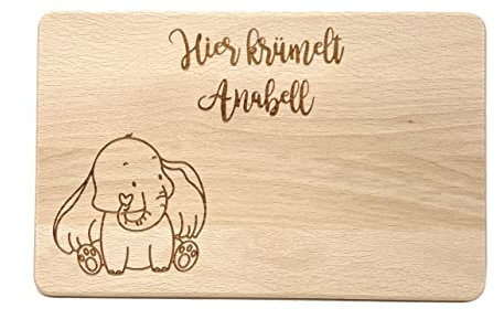 Hier krümelt - Brotzeit Brettchen mit verschiedenen Tier Motiven - unbehandeltes Brett mit hochwertiger Gravur (Elefant)