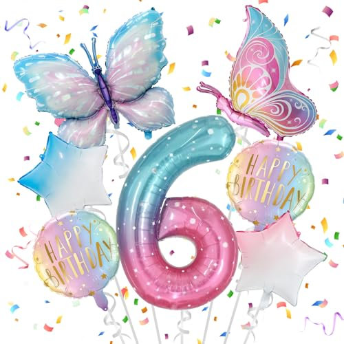6 Jahre Schmetterling Geburtstag Deko, Schmetterling Folienballon 6 Jahre, Bunt Schmetterlinge Geburtstagsdeko, Geburtstagsdeko Rosa, für 6. Geburtstag Mädchen Deko