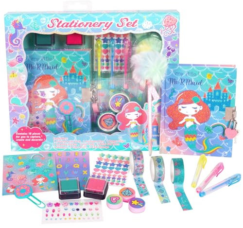 PinkSheep Diario de Sirena para Niñas Con Candado y Llaves - Juego de Papelería Con Sellos, Pegatinas, Bolígrafos - Regalo de Cumpleaños para Niños de 4 a 12 Años