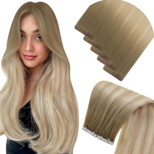 LaaVoo Virgin Tapes Extensions Echthaar Balayage Braun Echthaar Extensions Injection Tape Hellbraun bis Aschblond mit Platinblond #8/27/60 Haar Extensions Echthaar Tape Menschliches 5pcs 10g 35cm