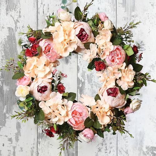 Handmade Pink Floral Door Wreath - Artificial Spring Garland for Front Door, Wall, Wedding, Party, Home Decor
