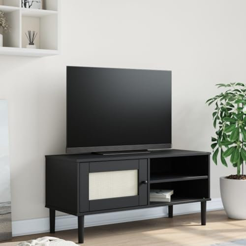 ZEYUAN TV-Schrank SENJA Rattan-Optik Schwarz 106x40x49 cm Kiefernholz, TV Lowboard, Fernsehschrank, Fernsehtisch, Fernseher Schrank, TV Sideboard, TV Board, TV Cabinet, TV Bank, TV Kommode - 358042