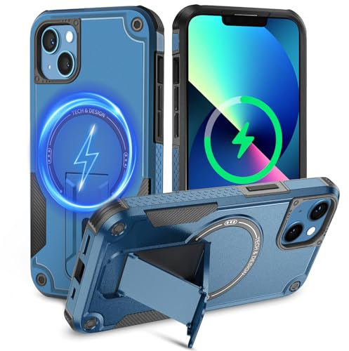 Tuvror Magnetic for iPhone 13 Case iPhone 14 Case with stand. [Compatible with MagSafe] Built-in Kickstand. Rugged Protection Heavy Duty Shockproof Case for iPhone 13/iPhone 14 (Blue)