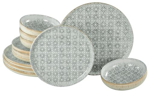 CreaTable, 24087, Serie Uno Emiliana Grau, 12-teiliges Geschirrset für 4 Personen, Teller Set aus Steinzeug, spülmaschinen- und mikrowellengeeignet, Made in Portugal