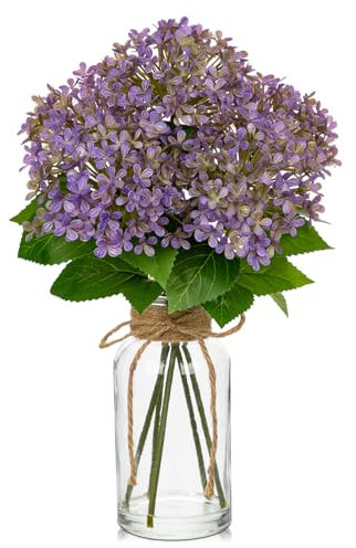 Briful Fleurs artificielles dans un vase en verre, 35,1 cm avec fausses fleurs artificielles violettes pour décoration, faux hortensia avec vase pour centres de table, décoration d'intérieur