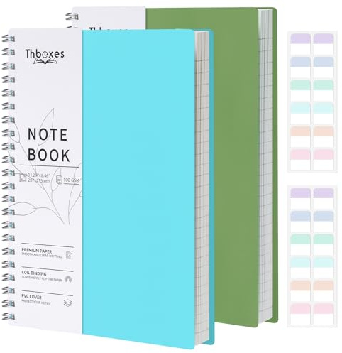 Thboxes 2 Pack A4 Lined Spiral Notebooks, 100 Sheets Each, Blue & Green | 100GSM Paper, PVC Cover, Back Pocket, Label Sheets Included, Smooth Ivory Paper, For School, Office And Meeting Notes