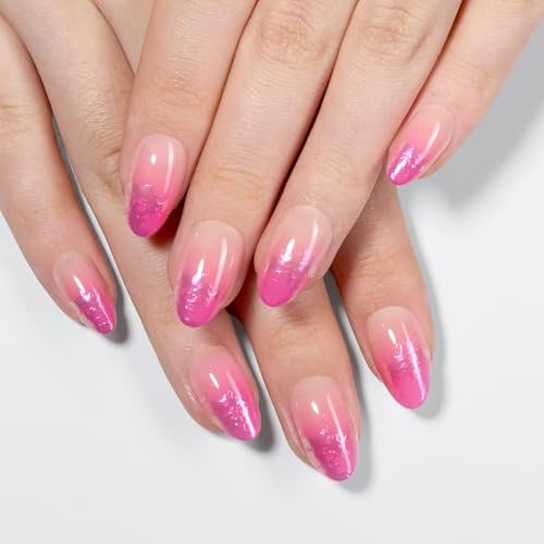 VSALON Press On Nails Short Almond-Pinkfarbene, wiederverwendbare Ombré-Kunstnägel zum Aufkleben mit UV-härtendem Kleber, leuchtend neonpink, 16 Größen, 32-teiliges Set – Sommergeschenk