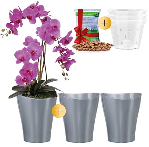 Garten lux 3er-Set Orchideentöpfe Anthrazit Ø16cm 2L mit 3er-Set Orchideentöpfe mit Drainagelöchen Ø14cm 1L aus Kunststoff und Tongranulat 2,5L für den Innenbereich