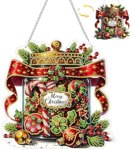 Diamond Painting Weihnachten,Deko Weihnachten,DIY Weihnachtsbonbonglas Bastelset mit Kette,Diamond Painting Weihnachten Anhänger,Fensterbilder Wandbehang Kits für Fenster Wand Eingang Garten Decor (2)