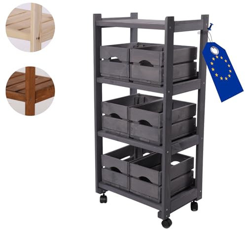 MODO24 Gemüseregal, Kistenregal mit 4 Ebenen, mit 6 Kisten SD2 30x20 cm, Holzregal, Regal für Kisten, Rollenregal, Küchenregal, Regal mit Rollen, Regal für Obst, Abmessungen 102x48x34cm, Farben: Grau