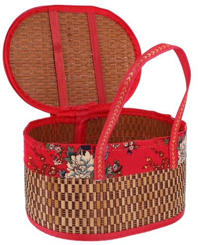 HYTROVE Handkorb Aus Bambus Würfel Geflochtener Korb Mit Deckel Spielzeugkorb Geflochtene Körbe Zur Aufbewahrung Schmuck Gewebte Lagerbehälter Rot Stoff